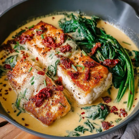 A bowl of fish with greens in a creamy sauce.