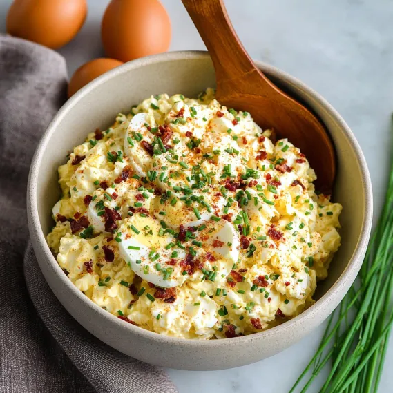 A bowl of egg salad with a spoon in it.