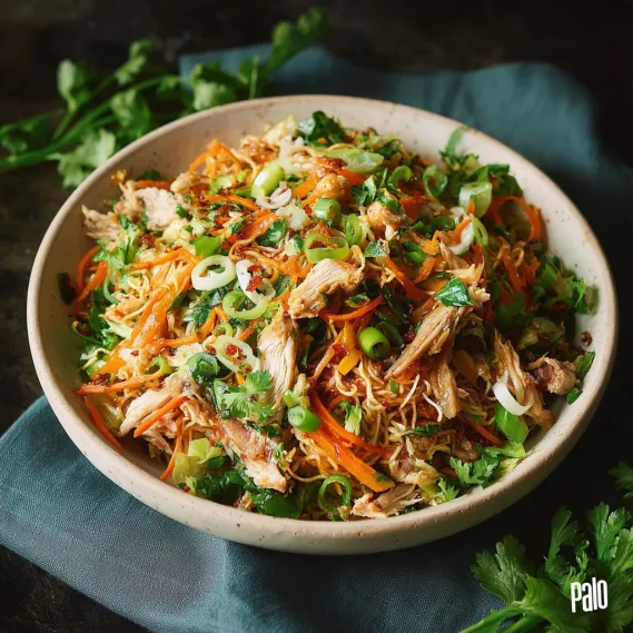 A bowl of Asian chicken noodle salad.