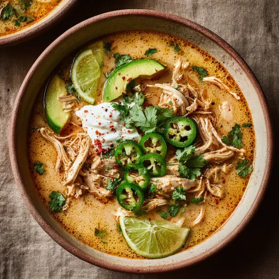 A bowl of soup with chicken and peppers.