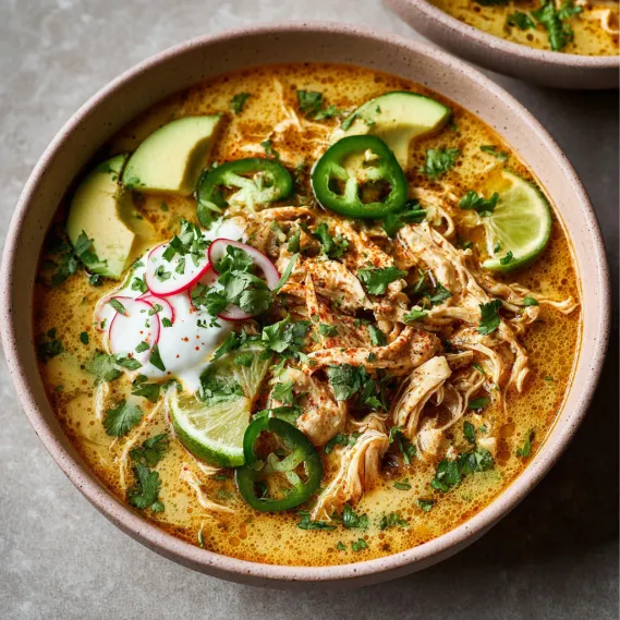 A bowl of soup with chicken and peppers.