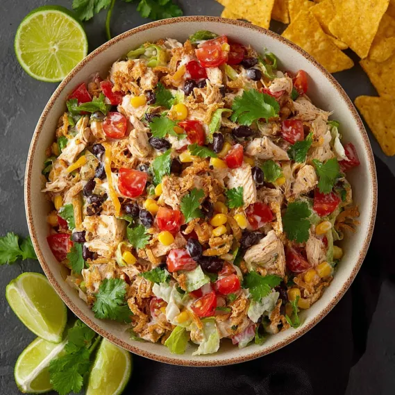 A bowl of chicken salad with tomatoes and lettuce.