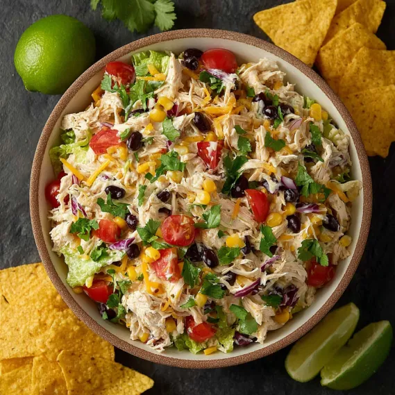 A bowl of taco chicken salad with tomatoes, corn, and lime.