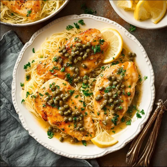 A plate of chicken with lemon and pepper.