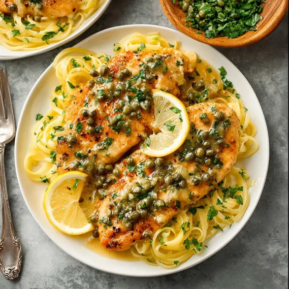 A plate of chicken with lemon and capers.