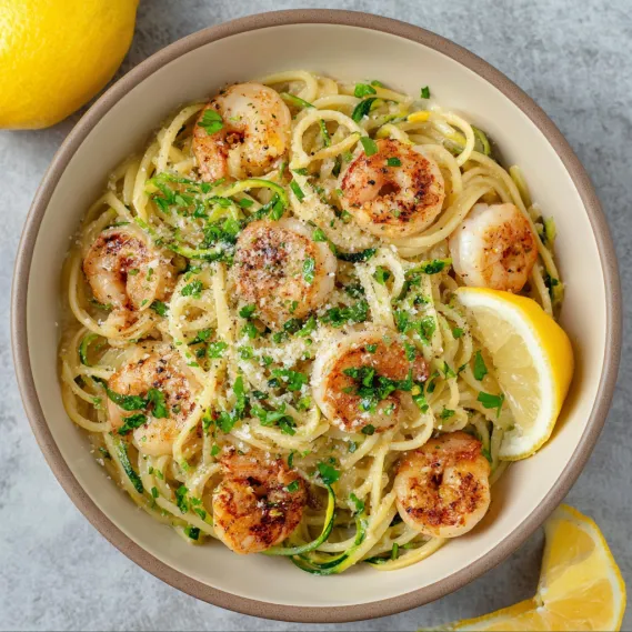A bowl of shrimp scampi with lemon wedges.