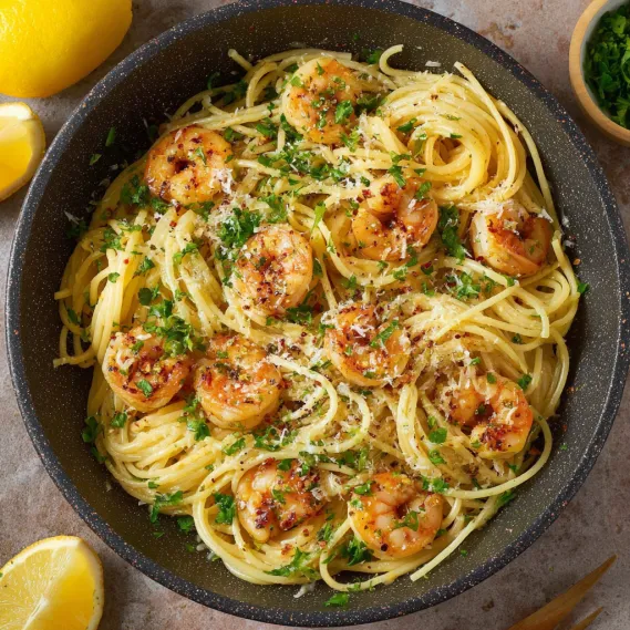 A bowl of shrimp scampi with lemon wedges on the side.