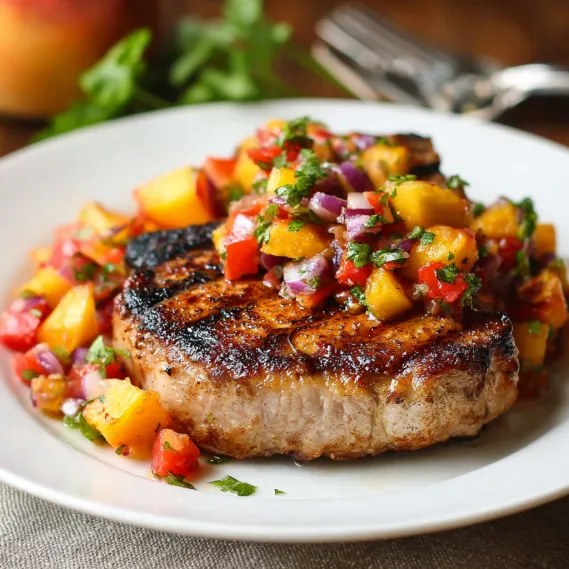 A plate of pork chops with a grilled peach salsa.