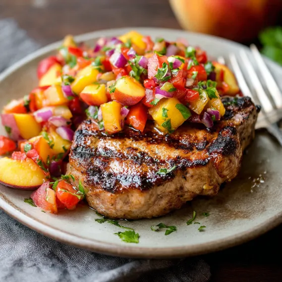 A plate of pork chops with a grilled peach salsa.