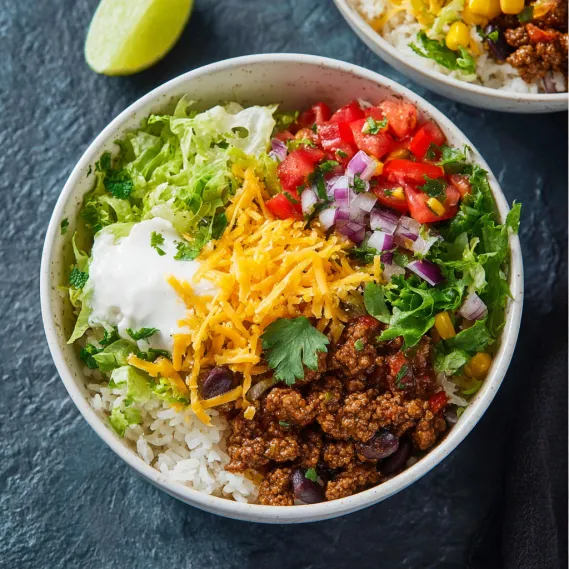 A bowl of ground beef burrito with rice and tomatoes.