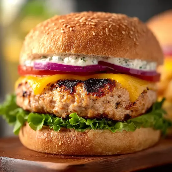 A grilled blackstone turkey burger with lettuce and tomato.