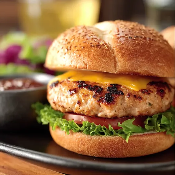 A grilled blackstone turkey burger with lettuce and tomato.