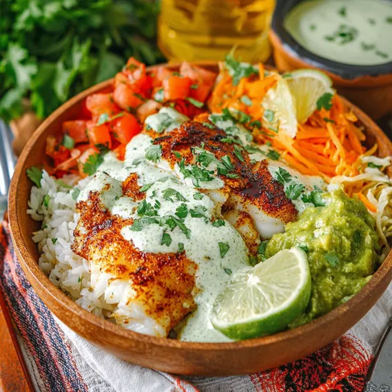 A bowl of food with rice, fish, and vegetables.
