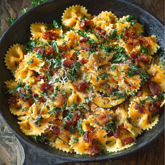 A bowl of pasta with bacon and spinach.