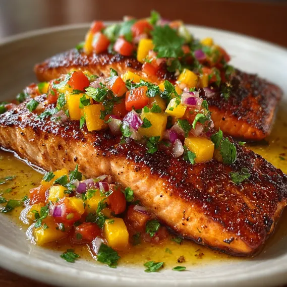 A plate of salmon with peach salsa.