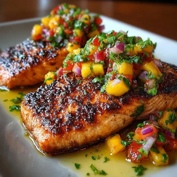 A plate of salmon with peach salsa and honey garlic butter.