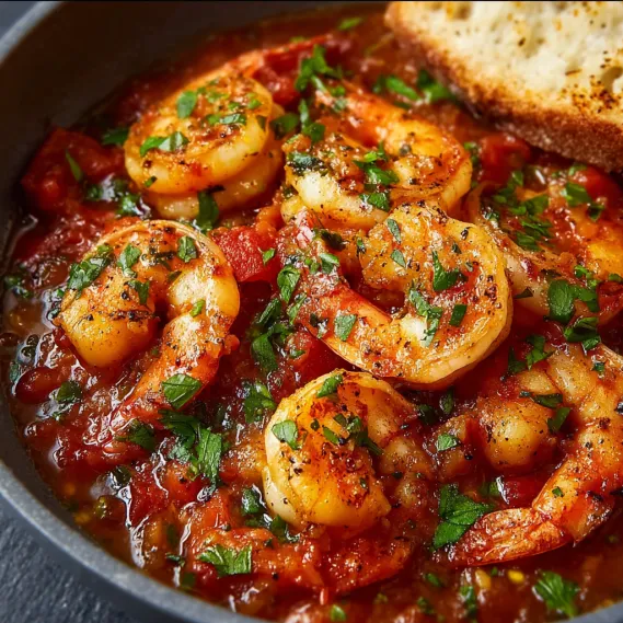 A bowl of shrimp in tomato sauce.