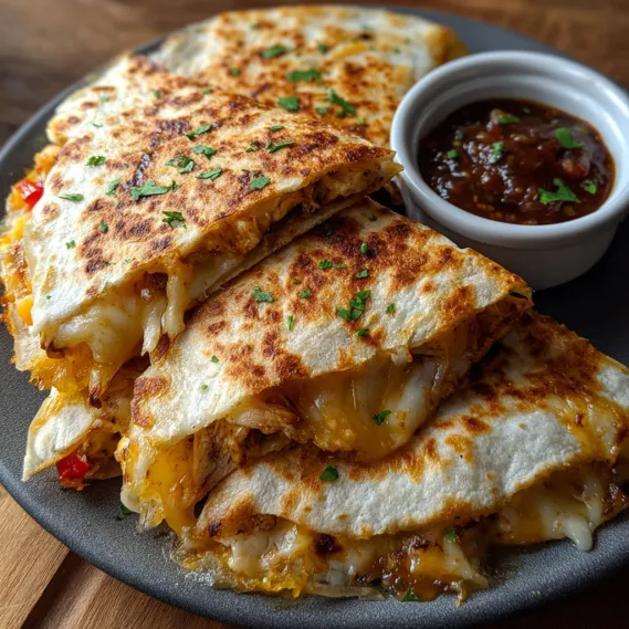 A plate of quesadillas with a bowl of sauce.