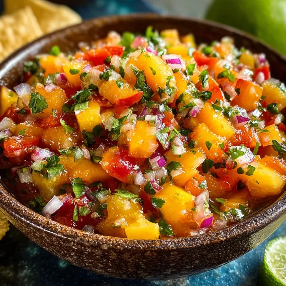 A bowl of fresh peach salsa.