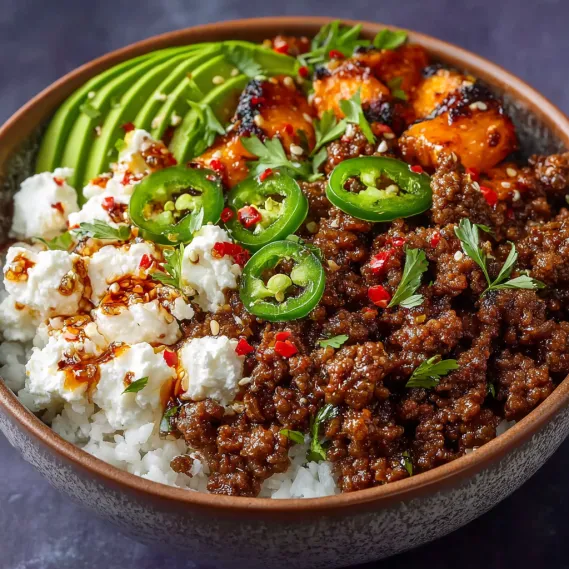 A bowl of food with rice, ground beef, and peppers.