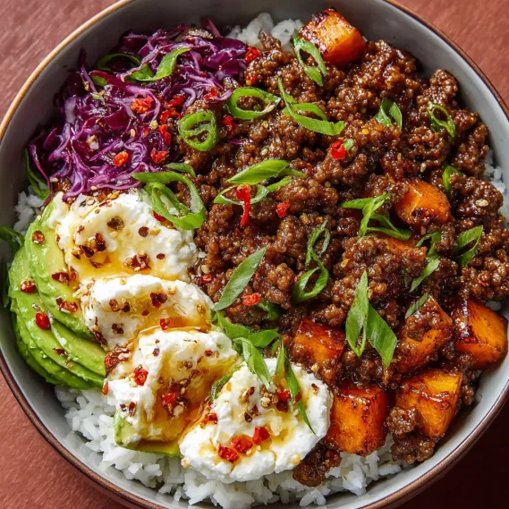 A bowl of food with rice, ground beef, and vegetables.