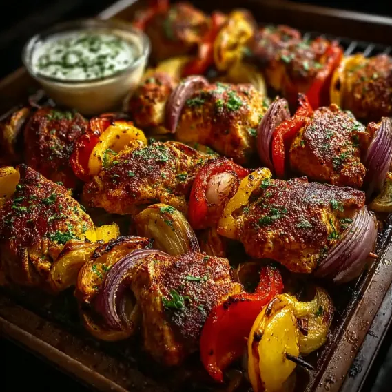 Chicken kebabs on a wooden tray.