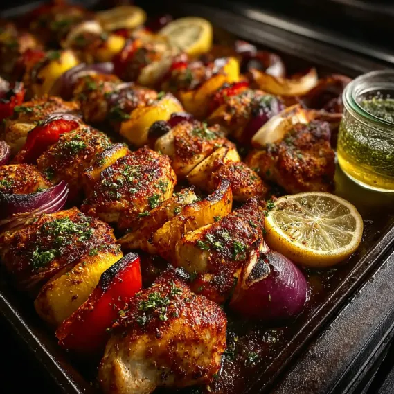 A pan of chicken kebabs with peppers and onions.