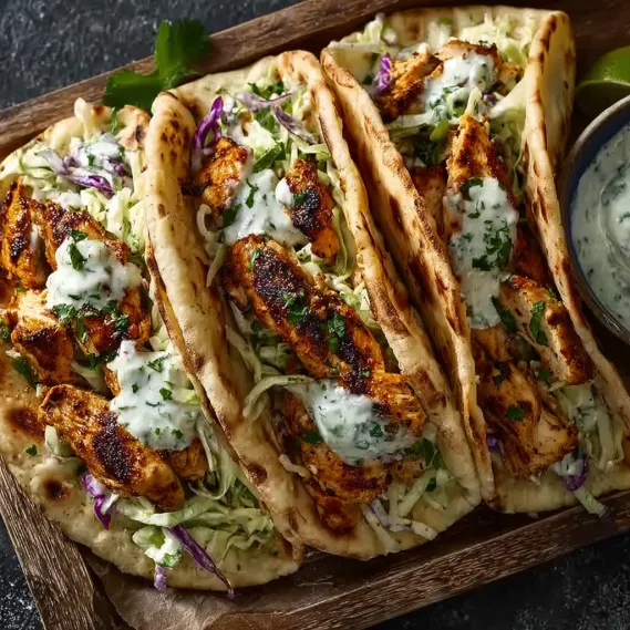 A tray of chicken pita sandwiches with a side of herby ranch slaw.
