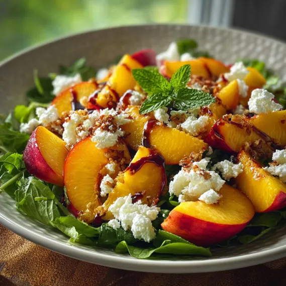 A plate of food with a salad and peaches.