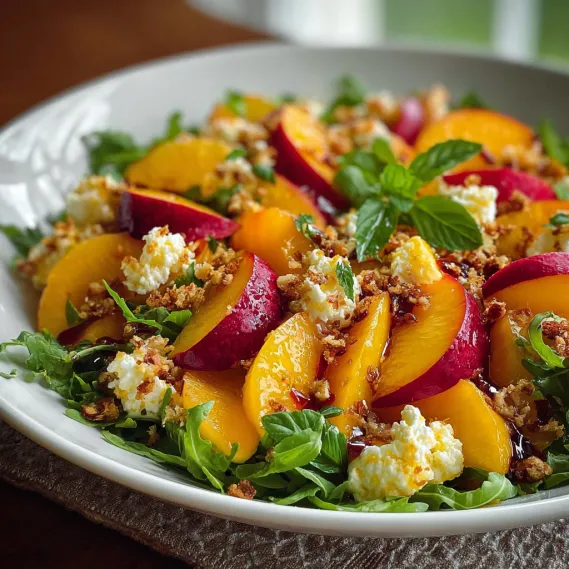 A white bowl filled with a salad of peaches, spinach, and feta cheese.
