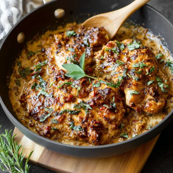 A pan of chicken with a wooden spoon in it.