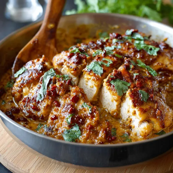 A pan of chicken with a wooden spoon in it.