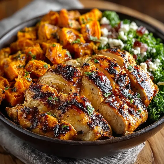 A bowl of grilled chicken and sweet potato.