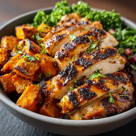 A bowl of grilled chicken and sweet potatoes.
