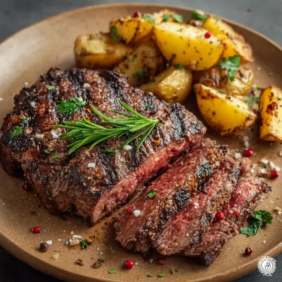 Grilled Bison Steaks with Potatoes and Herbs.