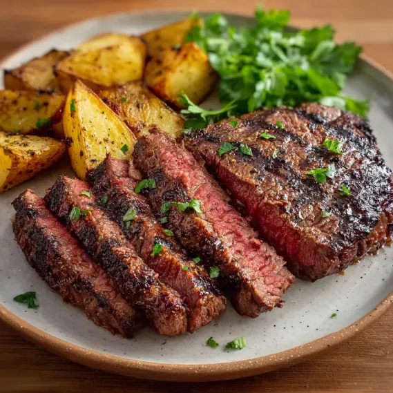 A plate of grilled bison steaks with potatoes and greens.