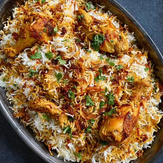 A dish of rice and chicken.