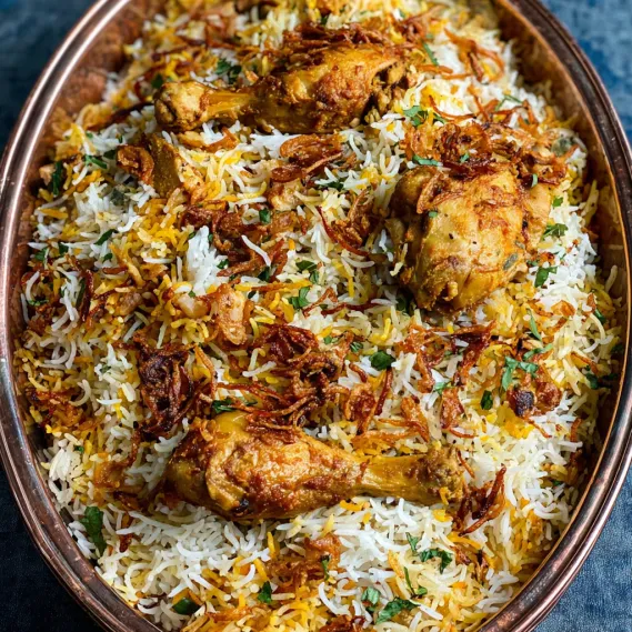 A close up of a dish with rice and chicken.