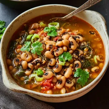 A bowl of black eyed peas with a spoon in it.