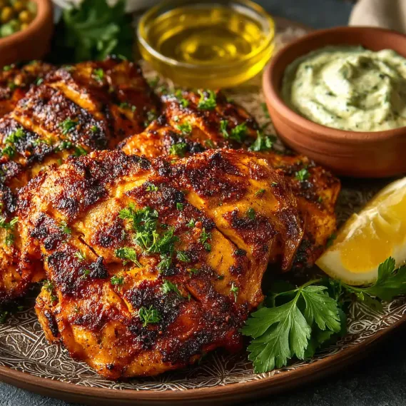 A plate of Al Faham Chicken with sauce and garnish.