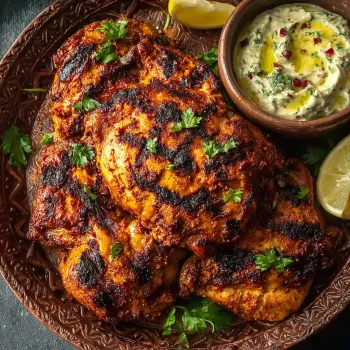 A plate of Al Faham Chicken with a bowl of sauce.