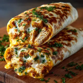 Two cheesy garlic chicken wraps on a wooden table.