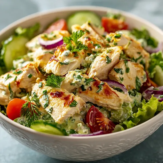 A bowl of chicken salad with tomatoes, cucumbers, and herbs.