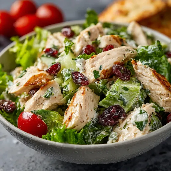 A bowl of chicken salad with tomatoes and cranberries.
