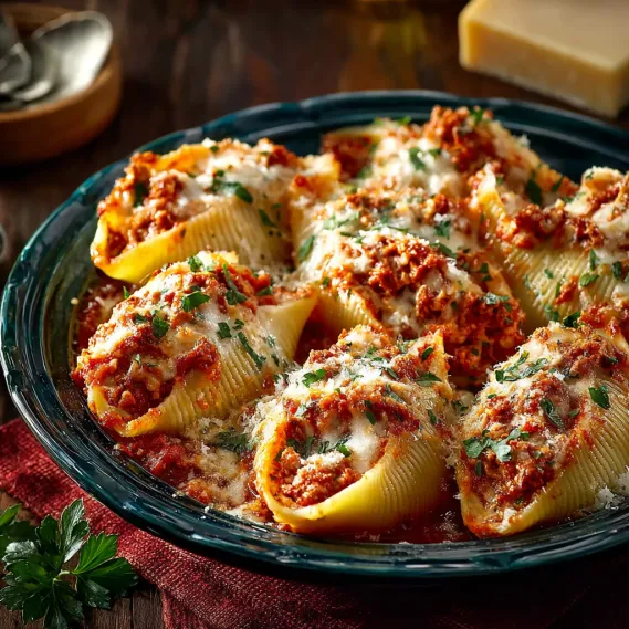 A plate of stuffed shells with cheese and tomato sauce.