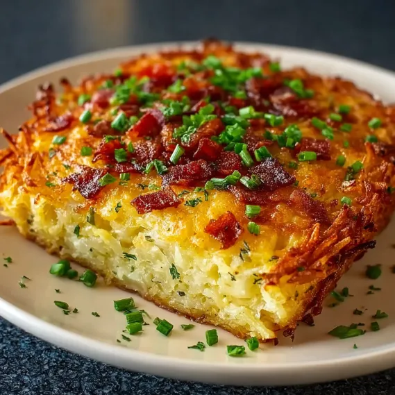 A breakfast casserole with hashbrowns on a plate.