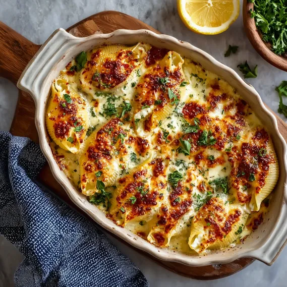 A dish of creamy and cheesy stuffed shells.