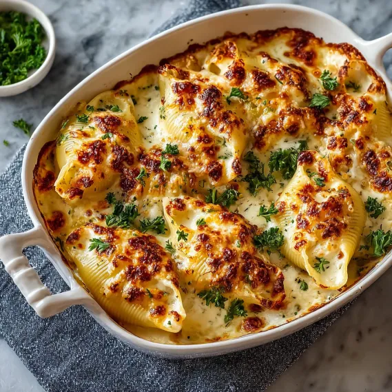 A dish of creamy and cheesy stuffed shells.