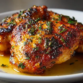 A plate of baked chicken thighs with herbs and spices.