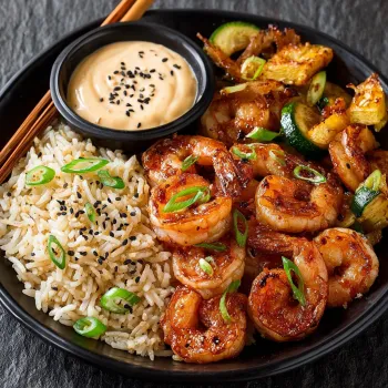 A plate of food with shrimp and rice.